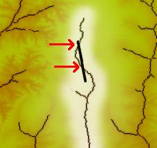 2: Situação indesejável para uma direção de barragem (imagem evidenciada) onamento da barragem, porém, devido à representação do terreno ser discreta, há situações onde o fluxo, ou trajetória do rio,