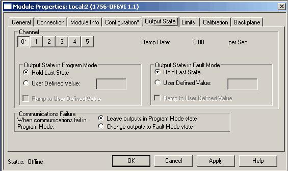 Configurar módulo de E/S analógica do ControlLogix Capítulo 10 Guia Output State A guia Output State permite programar o comportamento da saída nos modos de programa e de falha. 1. Escolha a partir das opções na guia Output State.