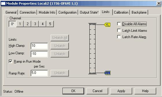 Capítulo 10 Configurar módulo de E/S analógica do ControlLogix Guia Limits A guia Limits permite programar as limitações de fixação e rampa que podem evitar danos aos equipamentos. 1. Escolha a partir das opções na guia Limits.