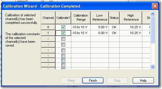 Um assistente Results exibe o status de cada canal após a calibração para uma referência superior.