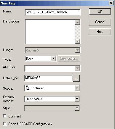 Apêndice B Usar lógica ladder para realizar serviços de run time e reconfiguração 5. Escolha New Tag. A caixa de diálogo New tag aparece, com o cursor no campo Name.