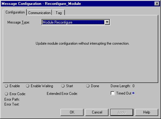 Apêndice B Usar lógica ladder para realizar serviços de run time e reconfiguração Realizar serviço de Reset do módulo As seguintes caixas de diálogo de Message Configuration e Communication mostram a