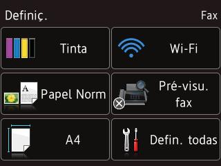 Capítulo 1 Ecrã de configurações 1 O LCD de ecrã táctil indica o estado do equipamento quando premir (Definiç.). Pode verificar e aceder a todas as configurações do equipamento no seguinte ecrã.