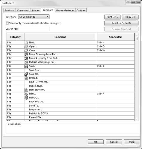 Chapter 2: Navigating the SolidWorks Interface tab, SolidWorks enables you to sort, using the column headers to list the menus, commands, or hotkeys in alphabetical order, simply by clicking the