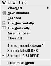 Part I: SolidWorks Basics Working with multiple document windows You may sometimes have the luxury of working on a single part at a time, but more often, you will find yourself with several documents