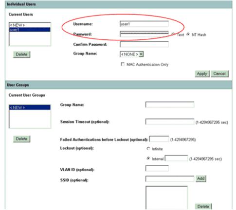 Esta configuração define um usuário com o nome "user1" e uma senha. Também, a configuração seleciona a mistura de NT para a senha.