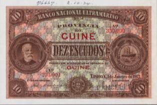 Valor: 10$ Frente: Chamiço, brasão nacional, selo BNU, valor Verso: Alegoria à Navegação Medidas: 160x106 mm Impressão: Bradbury, Wilkinson & Co Primeira emissão: 1922 Retirada de circulação: 1959