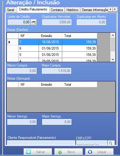 7.2 Cadastros - Cliente - Credito e Faturamento Tela gerencial onde lista o valor de limite de crédito do cliente, e visualização de