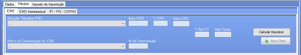 14.3.2 - NFe - Emissão - Grid de Produtos - Tributos ICMS Agora vamos para a parte tributária de nossa nota fiscal, a aba tributos, ela é dividida em 3 abas, sendo 2 delas sempre visíveis, e uma que