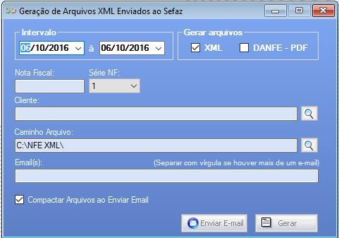 16. NFe - Gravar Arquivos Enviados Primeiros passos Sistema Gestão PME Esta tela é bastante utilizada para o envio de XML em massa, podendo ser gerada por um período ou por um determinado cliente.