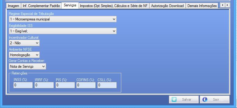 5 Cadastros - Empresa - Serviços Onde vamos configurar a empresa que é destinada a área de serviços, nessa tela temos algumas configurações importantes para o funcionamento do seu sistema, voltado