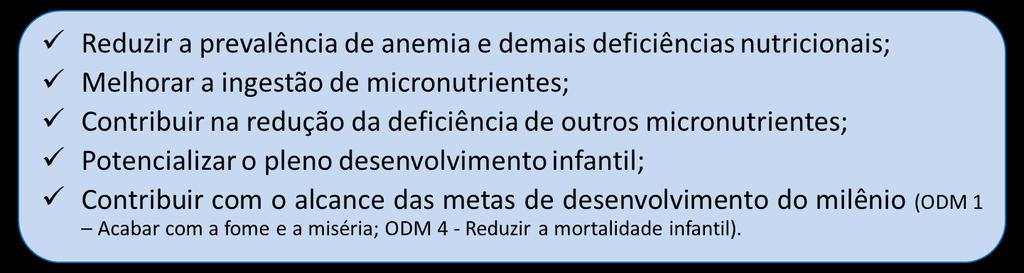 Potencializar o pleno desenvolvimento infantil e a prevenção e controle das deficiências de vitaminas e minerais, mediante a adição direta