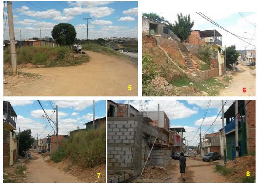 Na Figura 4 são destacadas as barreiras físicas do entorno do assentamento e que se caracterizam pelo acesso do bairro à cidade (fotos 1 a 4) e são mostradas também as características do bairro