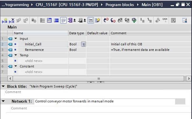 Nomeie a rede 1 como "Control conveyor motor forwards in manual mode" (Acionamento movimento da correia para frente no