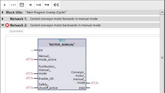 7.9 Programação do módulo organizacional OB1 Comando do funcionamento da correia para trás em operação manual Conceda à rede 2 o nome de "Control conveyor