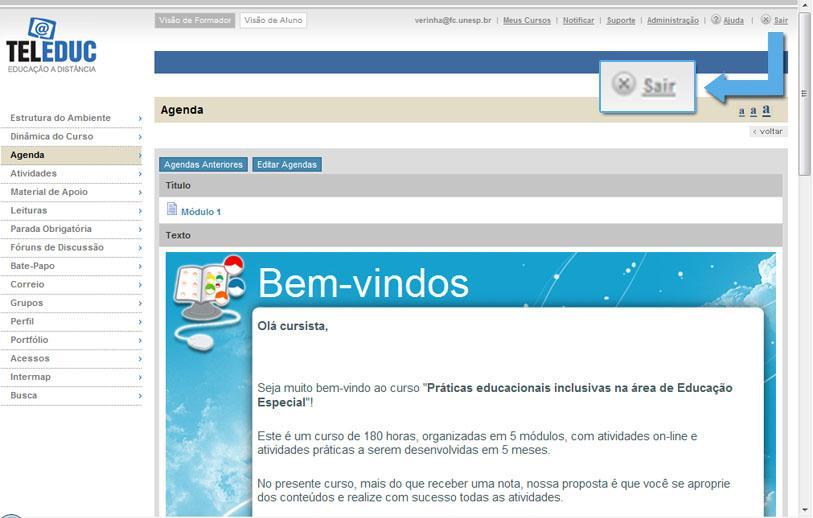 Acessando o curso e alterando a senha Finalizando o acesso ao ambiente Para garantir a integridade do