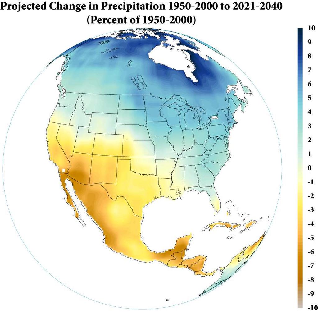 Projected change in precipitation for the 2021-2040 period minus the average over 1950-2000 as a percent of the