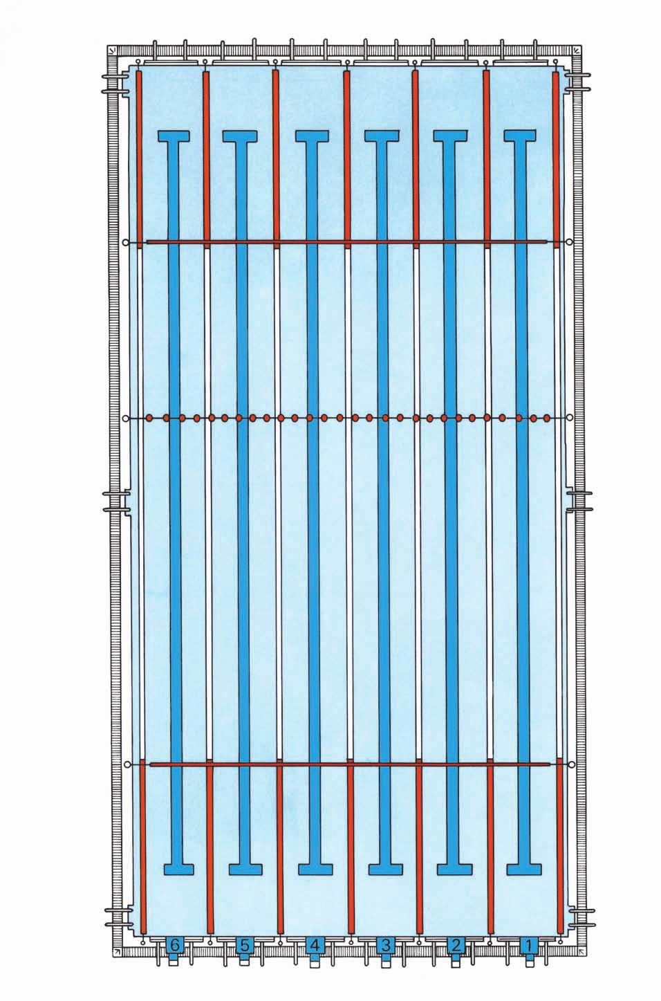 Localização dos diversos elementos numa piscina de competição Positioning of competition equipment in a competition pool 5m Painéis de viragem com suportes Turn panel with supports Postes de falsa