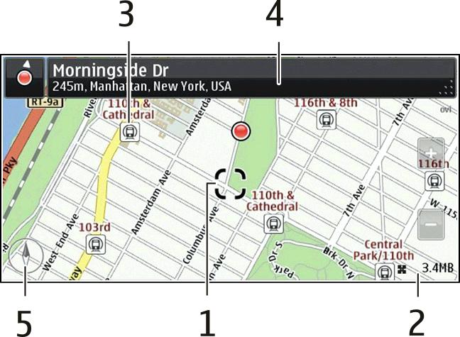 Mapas 81 Visualização do mapa 1 Local selecionado 2 Área do indicador 3 Ponto de interesse (por exemplo, uma estação ferroviária ou um museu) 4 Área de informações 5 Bússola Alterar a aparência do