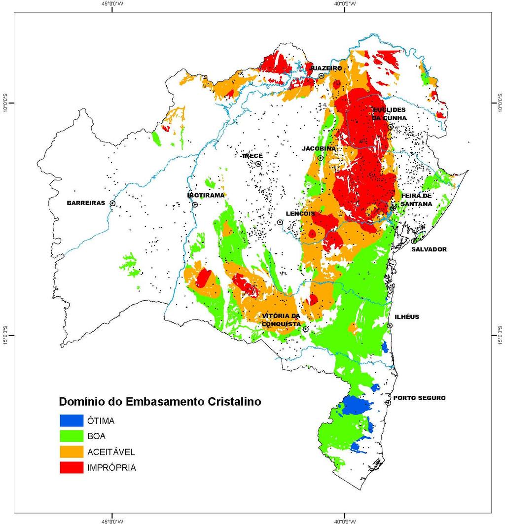 Mapeamento dos aqüíferos do estado da Bahia utilizando o índice de qualidade natural das águas subterrâneas IQNAS Figura 10 Mapa semafórico do IQNAS para o domínio aqüífero embasamento cristalino.