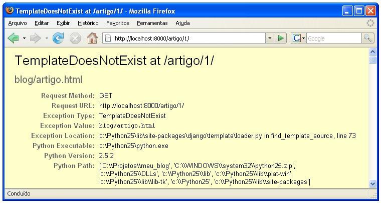 A mensagem diz: "O template 'blog/artigo.html' não existe". Sim, não existe, mas vamos criá-lo! Na pasta da aplicação blog, abra a pasta templates, e dentro dela, a pasta blog.