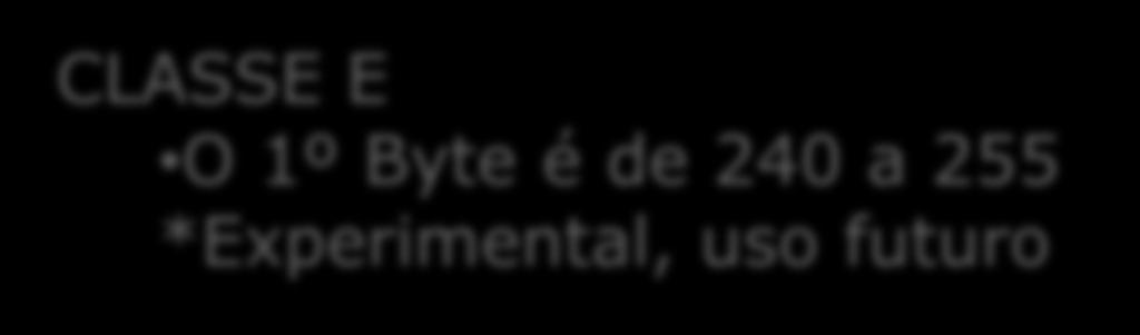 Noção de Classe IP CLASSE C O 1º Byte é de 192 a 223 CLASSE D O 1º Byte é de 224 a 239