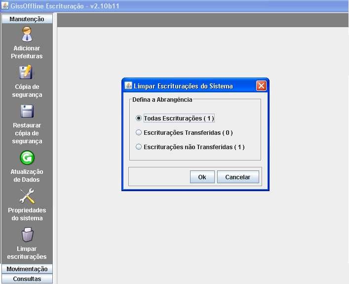 Limpar escriturações Nesta opção, você poderá efetuar a limpeza completa dos dados armazenados.