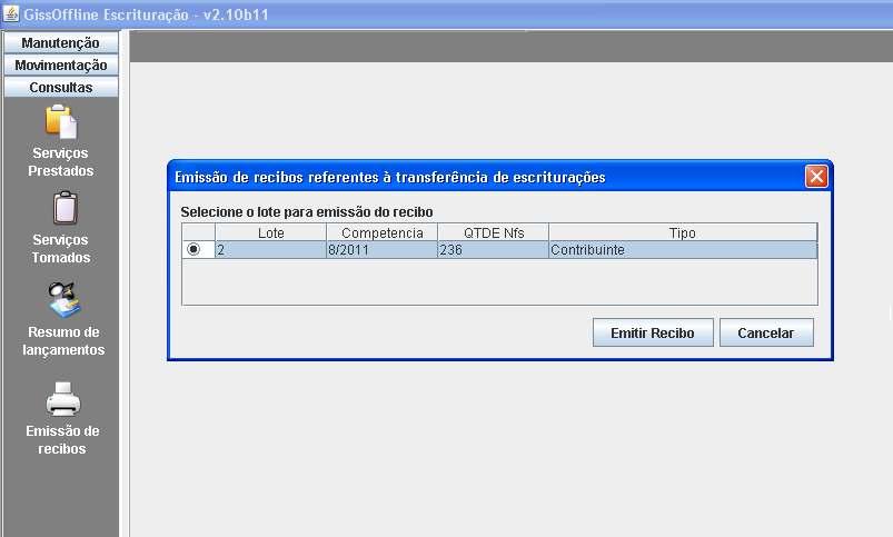 Emissão de Recibos Nesta opção, você poderá emitir um recibo de transferência de lotes