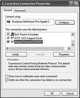 2. Para estabelecer as configurações de PC/laptop, comece com Iniciar>Configurações>Conexões de rede. a. Selecione a Conexão local da área. b. Clique com o botão direito do mouse em Propriedades. c. Selecione o protocolo da Internet (TCP/IP), em seguida, clique no botão Propriedades.