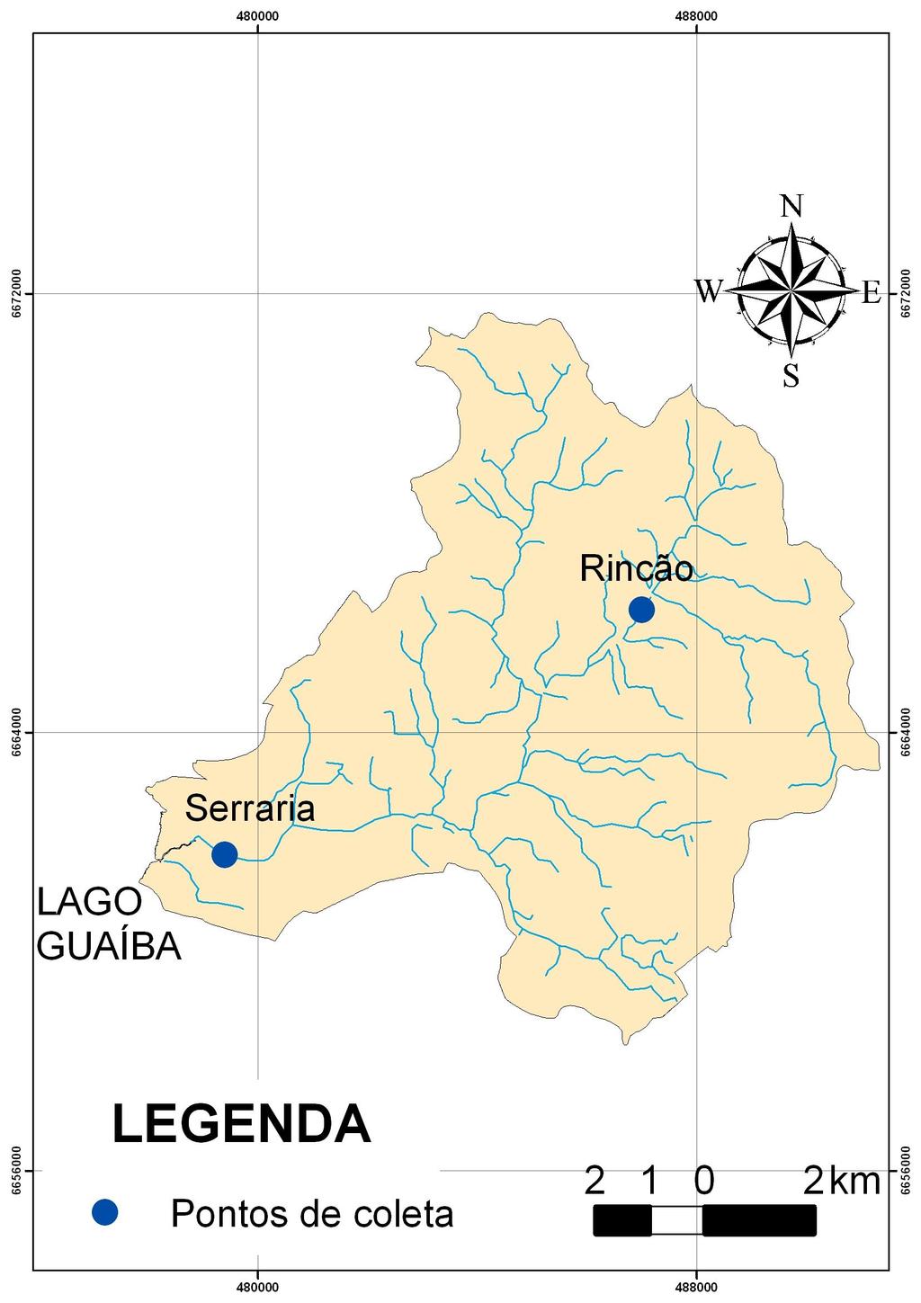 A Figura 1 mostra os dois pontos de coleta das amostras no arroio: o primeiro mais próximo à sua nascente (ponte da Estrada do Rincão) e o segundo mais perto da foz (ponte da Estrada da Serraria).