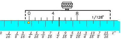 Conheça a escala fixa da polegada fracionária: O nônio é divido em 8 partes, portanto cada divisão do nônio equivale a 1/128, pois dividimos 1/16 (menor divisão da escala fixa) por 8 = 1/128.