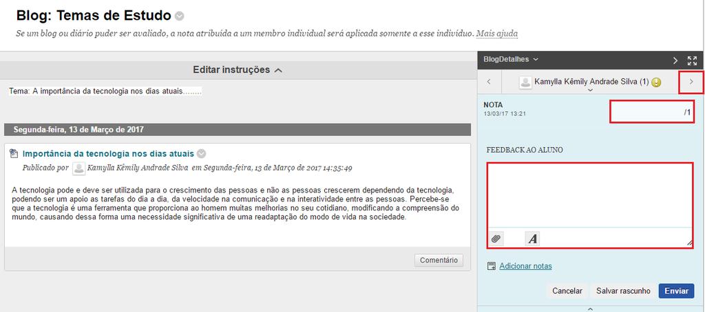 Figura 16: Entrada de blog aluno Nota e feedback Caso