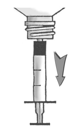 4. Virar o frasco e aspirar à medida desejada. Puxar cuidadosamente o êmbolo, medindo a quantidade exata em ml, conforme a posologia recomendada pelo seu médico (fig. 3). 5.