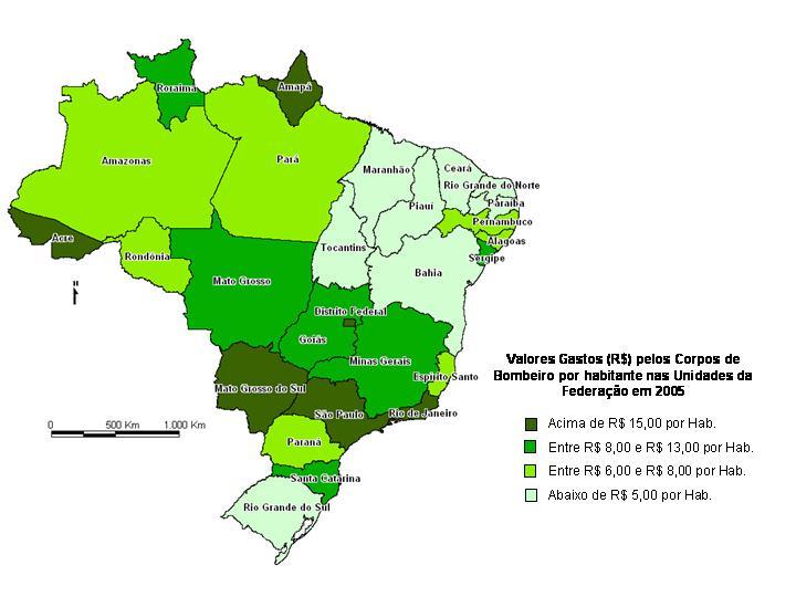 Bahia, Paraíba, Roraima e Tocantins apresentaram os menores gastos (abaixo de R$ 5 milhões) e Distrito Federal, Minas Gerais, Rio de Janeiro e São Paulo apresentam os maiores gastos (acima de R$ 100