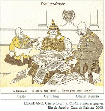 18. A charge Um cadáver, de J. Carlos, foi publicada em 1918. Nela, a Germânia diz: E agora, meu filho?... Quem paga essas contas? (Cadáver: gíria da época para credor, cobrador).