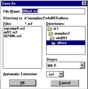 Fig. 14 Window for saving the waveform editor (.scf) file. This creates the file name ttltest.scf. Click on OK when done.