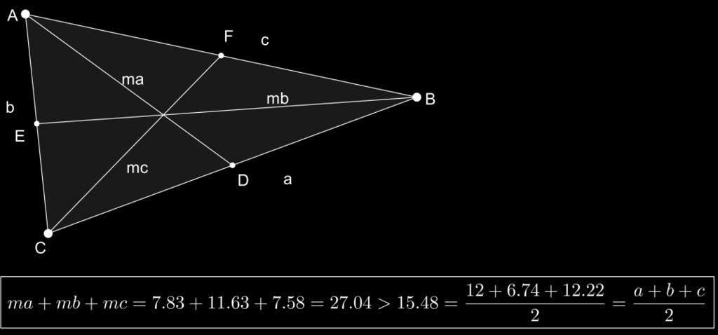 A partir deste momento é possível comparar as medidas propostas no problema. Por opção, primeiramente, explora-se a desigualdade: ma + mb + mc > a+b+c.