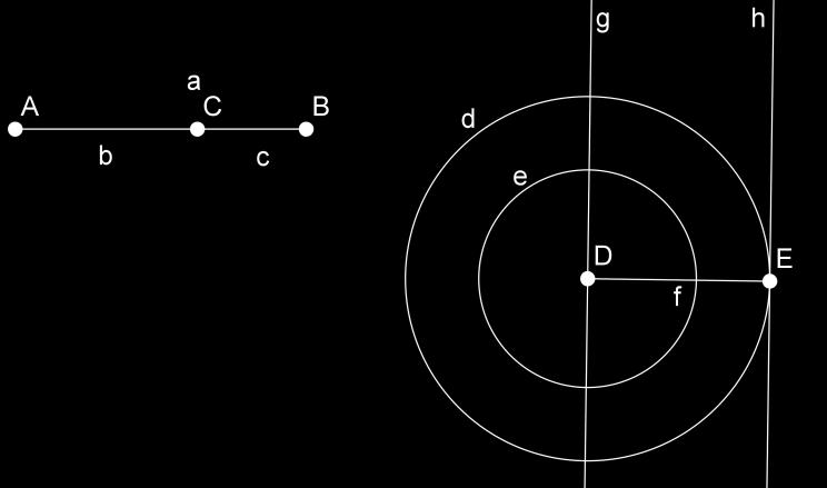 Seleciona-se, agora, a ferramenta Reta Perpendicular, clica-se sobre D e sobre o segmento, DE clica-se, ainda, sobre E e sobre o segmento, DE construindo-se,