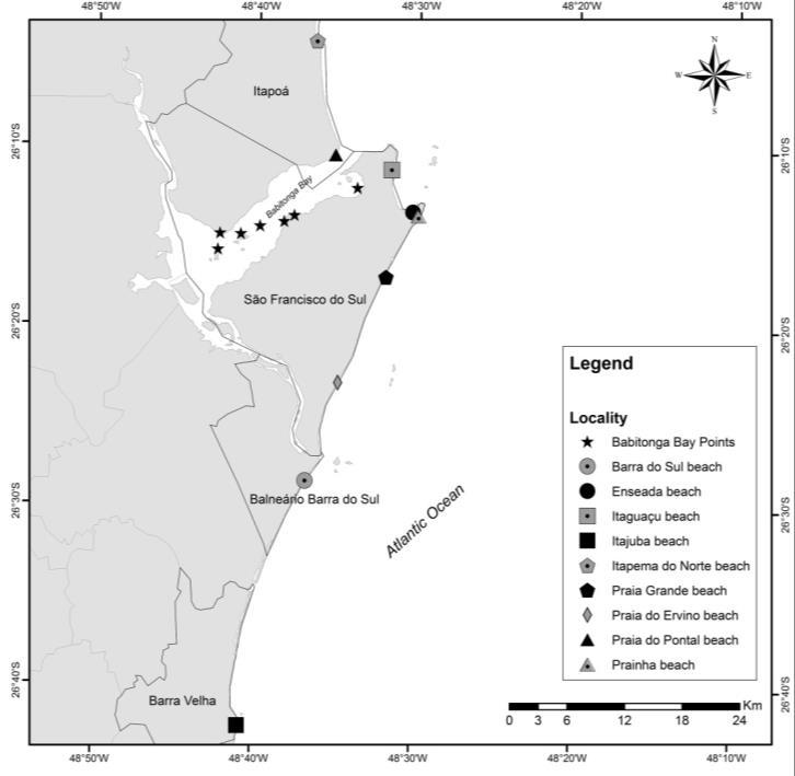 Results and Discussion Between January 2001 and November 2012, 54 franciscana carcasses were recovered, 19 (35.2%) of which were found in Babitonga Bay. Figure 1 shows the recovery locations.