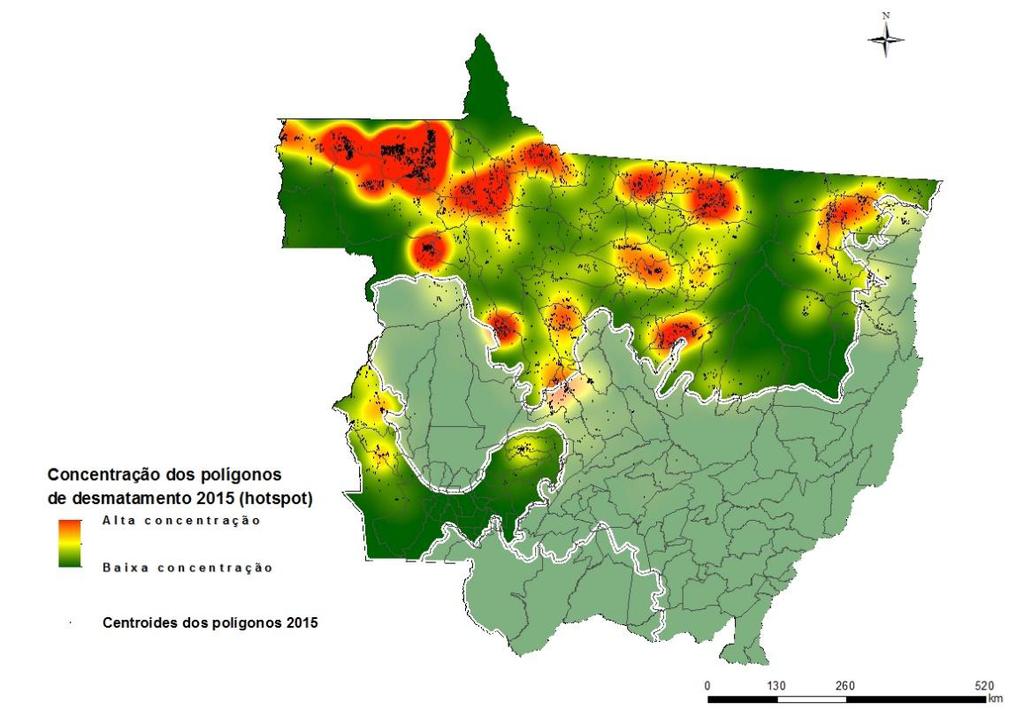 FIGURA 1 Regiões de concentração do desmatamento em Mato Grosso (Fonte: Prodes/Inpe) O tamanho dos polígonos de desmatamento no estado de Mato Grosso e na Amazônia tem reduzido nos últimos 5 anos.