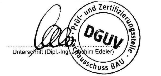 Certificação Nº BAU 712 de 15/11/27 Seguro obrigatório alemão contra acidentes Comissão técnica de construções Ofício de testes e certificação para o Certificado de Comprovação do Sindicato de