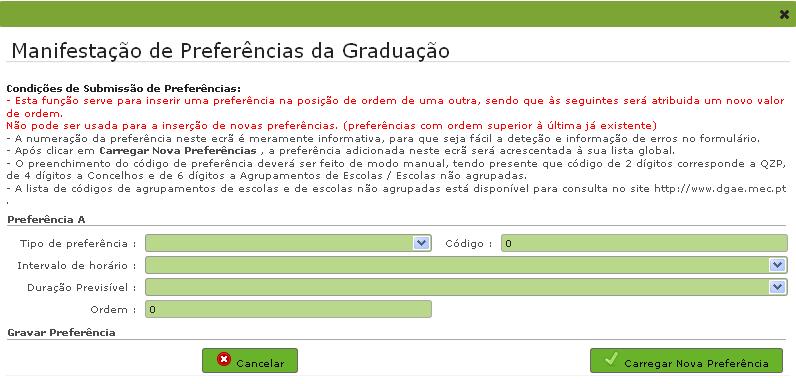 Caso o docente pretenda inserir pontualmente uma preferência, numa ordem específica, pode fazê-lo clicando no botão.