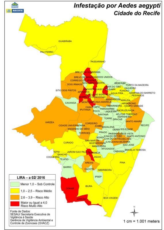 Figura 2. Levantamento Rápido do Índice de Infestação para Aedes aegypti (LIRAa) e Coeficiente de Incidência das Arboviroses, segundo bairro de residência.