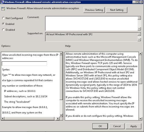 Selecione o perfil do domínio, e fazer duplo clique o Windows Firewall: Permita a exceção de entrada da administração remota.