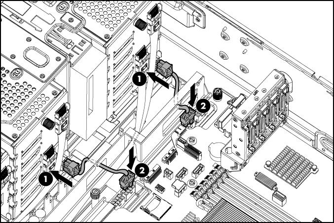 13. Conecte o cabo de alimentação ao conector da placa do sistema adequado para a configuração. 14. Instale o compartimento do ventilador. 15. Instale a placa defletora de ar. 16.