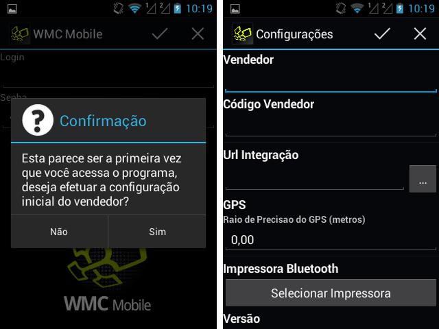 6) Após a instalação, clicar no botão > Abrir > Configuração Inicial Vendedor Descrição do Preenchimento dos Campos de configuração do WMC Mobile: Vendedor: Deve ser preenchido exatamente como o