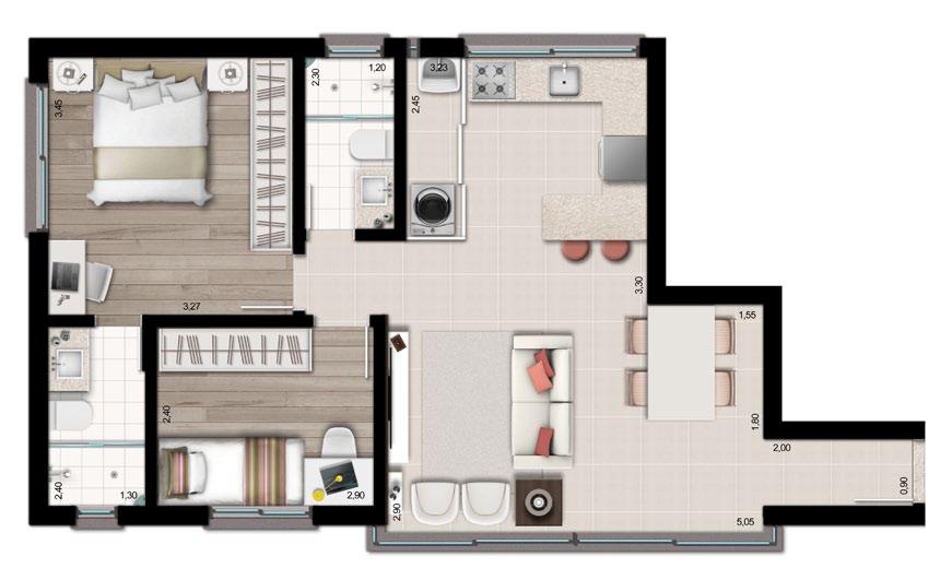 Apartamentos 301 a 701 Área privativa: 64m2 Living em dois ambientes