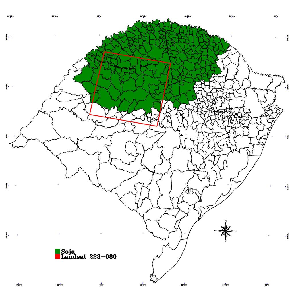 Foram utilizadas imagens de diferentes resoluções: uma imagem Landsat (órbita-ponto 223-080) e um conjunto de imagens NDVI/MODIS.