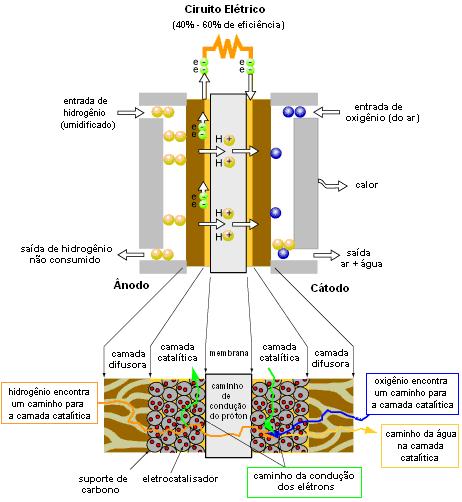 (eletrocatalisador), ancorada em sua superfície, formando por um sanduíche, o MEA (Membrane Electrode Assembly) [41]. FIGURA 3. Representação esquemática de uma célula a combustível [41].