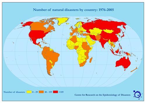 Figura 2.3 - Número de desastres naturais por país entre 1976 e 2005. Fonte: EM-DAT, 2012. Figura 2.